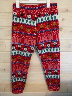 No Boundaries Fleece-Lined Red Holiday Leggings with Tree & Reindeer Print